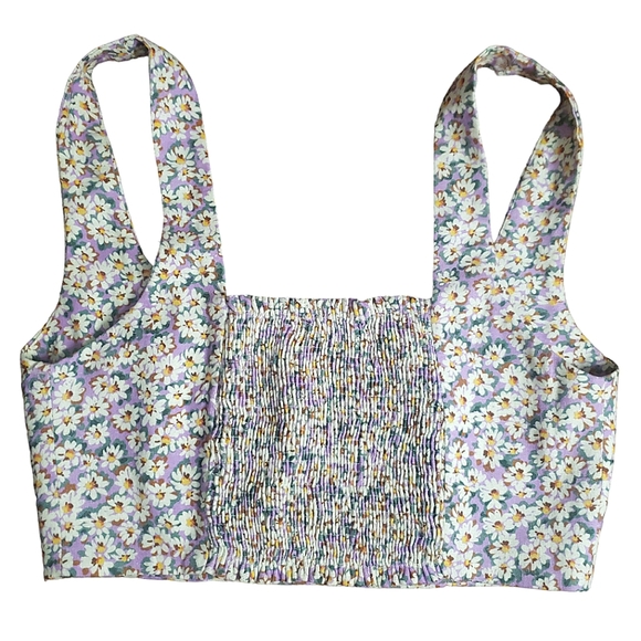 Zara Linen Blend Ditsy Floral Smocked Back Button Front Crop Top S Purple White - Picture 9 of 16